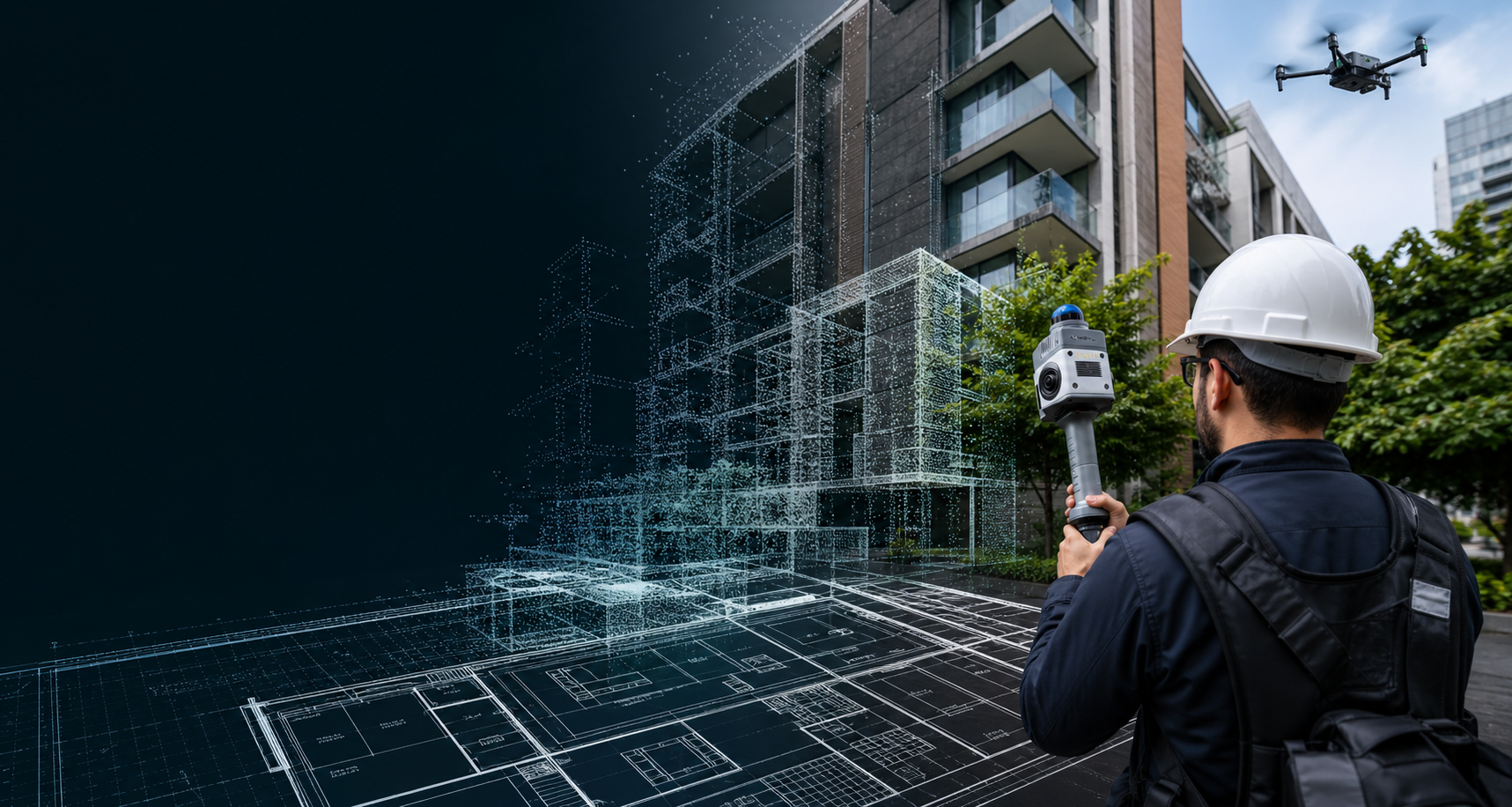 Tecnico usando scanner SLAM com drone e sobreposicao de nuvem de pontos em edificio urbano